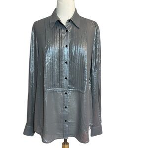 Lauren Ralph Lauren pewter gray metallic pleated button-down shirt size Large